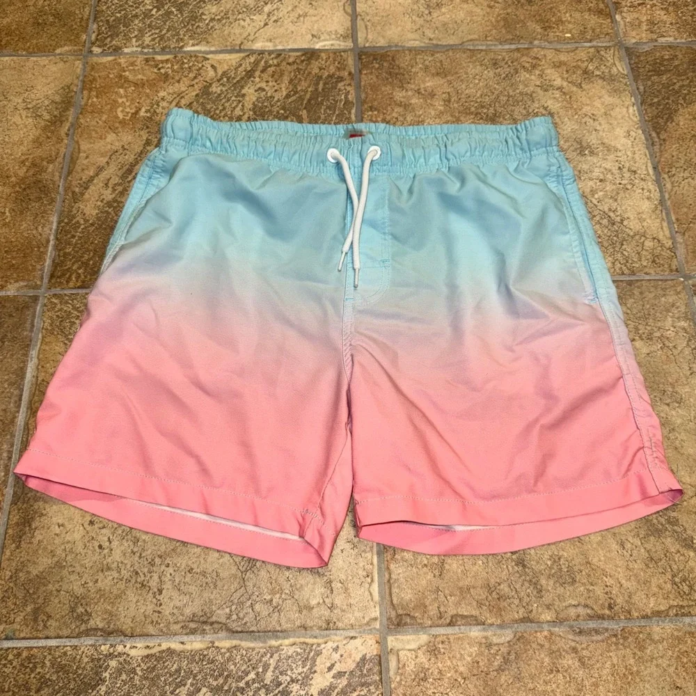 Milankerr Mens Ombre Swim Trunks Blue Pink Gradient Mesh Lined Shorts Small